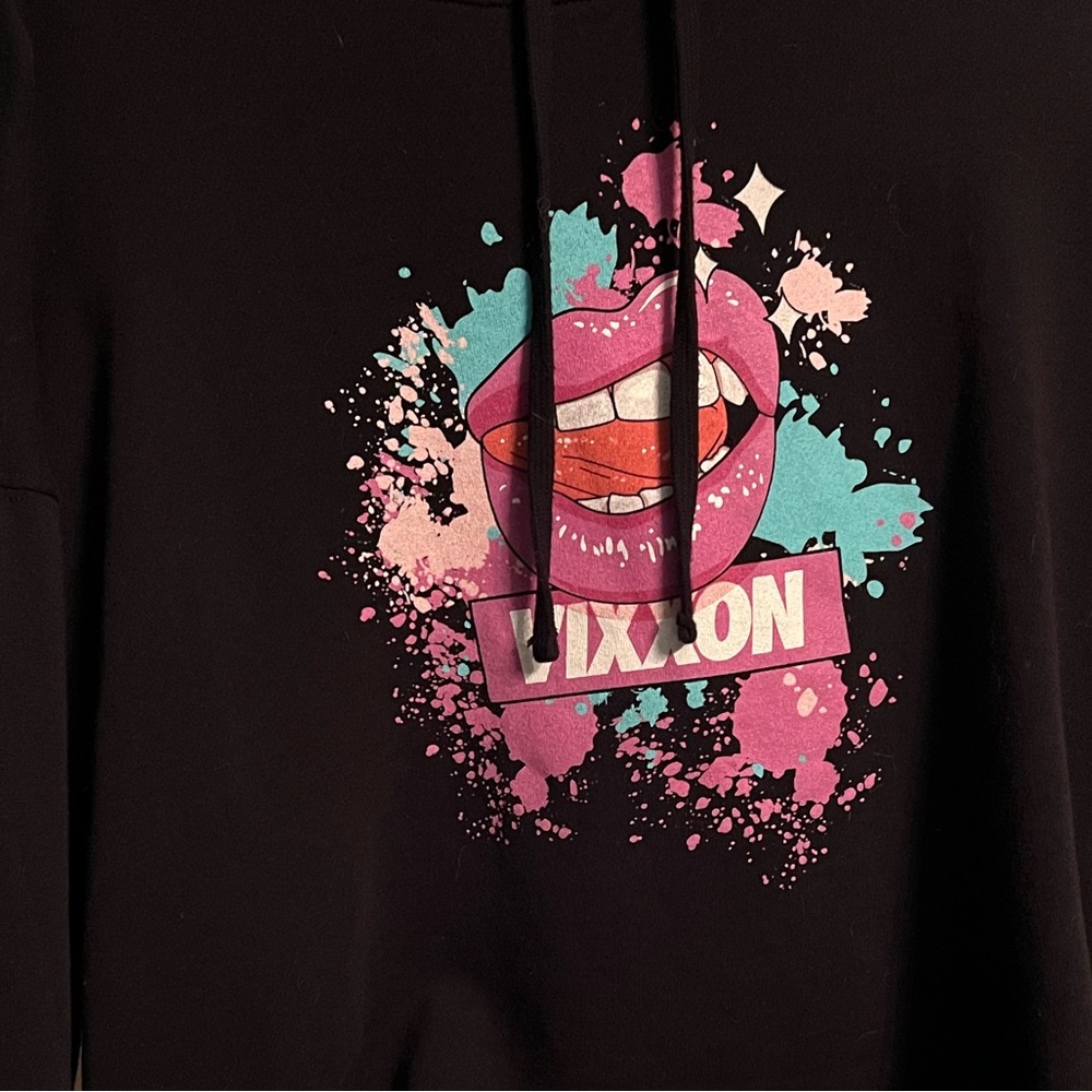 Vixxon (Dixxon) cropped hoodie with lip design.